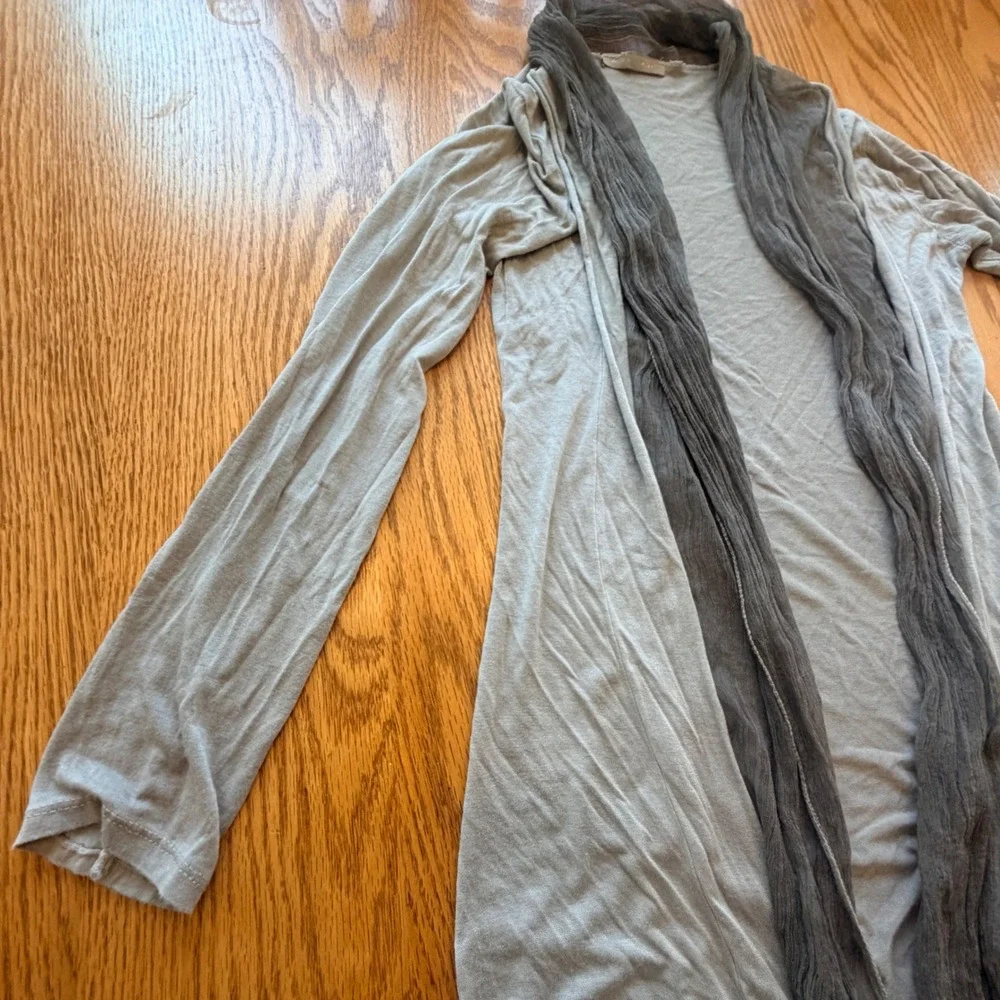 Longline Cardigan Open Front Women Small Grey Silk Trim Made In Italy Minimalist